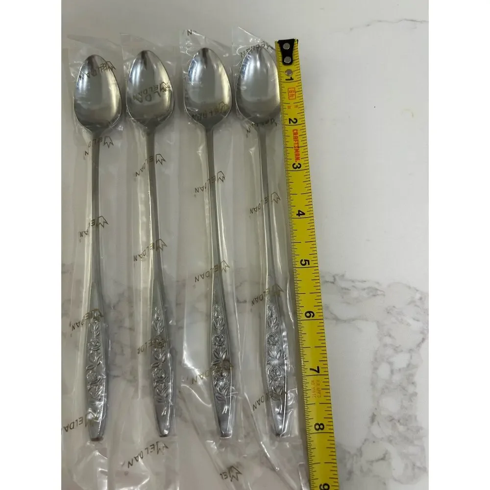 NEW Eldan ELD18 Set Of 4 Iced Teaspoons MAY ROSE Textured Roses Stainless MCM